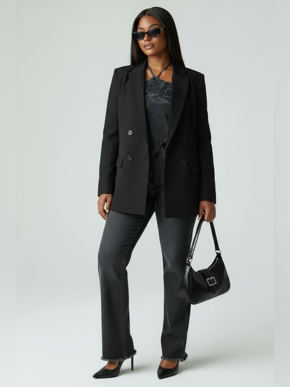 Fashion Nova Halter Top and High-Rise Straight Leg Jean Set in Charcoal Black - Picture 3 of 6